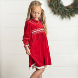 Kids Red Velvet Smocked Lace Peter Pan Winter Holiday Dress