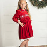 Kids Red Velvet Smocked Lace Peter Pan Winter Holiday Dress