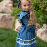 Kids Blue Check Embroidered Ruffle Long Sleeve Fall Dress