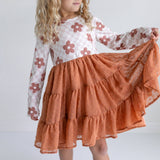 Kids Taupe Flower Check Print Swiss Dot Tulle Fall Dress