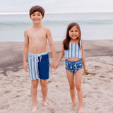 Blue Stripes color block swim trunks