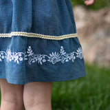 Kids Blue Check Embroidered Ruffle Long Sleeve Fall Dress