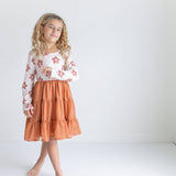 Kids Taupe Flower Check Print Swiss Dot Tulle Fall Dress