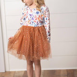 Kids Autumn Fall Floral Print Tulle Sparkle Dress