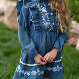 Kids Blue Check Embroidered Ruffle Long Sleeve Fall Dress