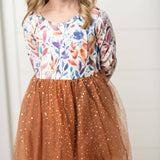 Kids Autumn Fall Floral Print Tulle Sparkle Dress