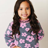 Kids Pink Daisy Scalloped Neck Fall Winter Sweater