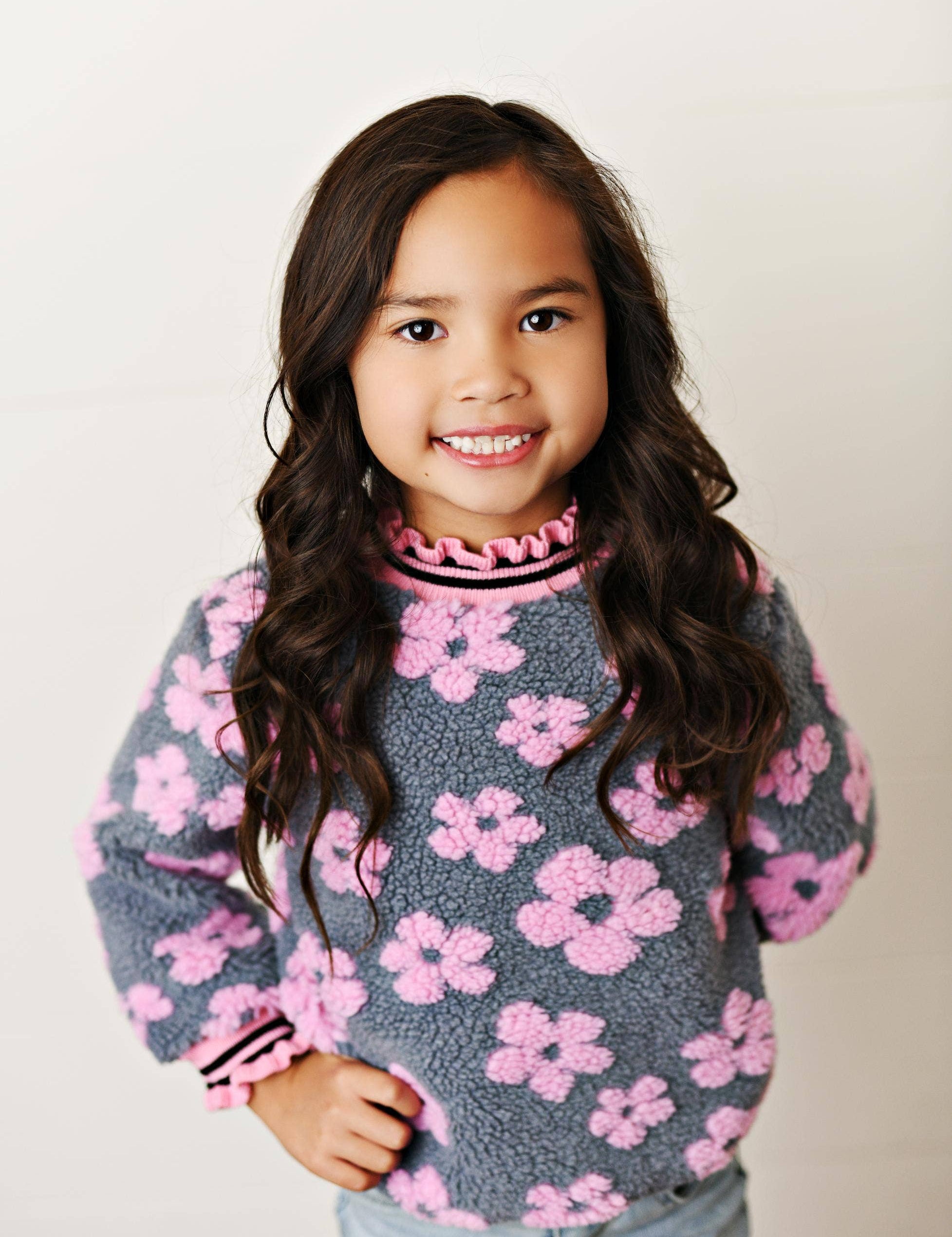 Kids Pink Daisy Scalloped Neck Fall Winter Sweater