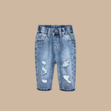 Distressed pull on denims