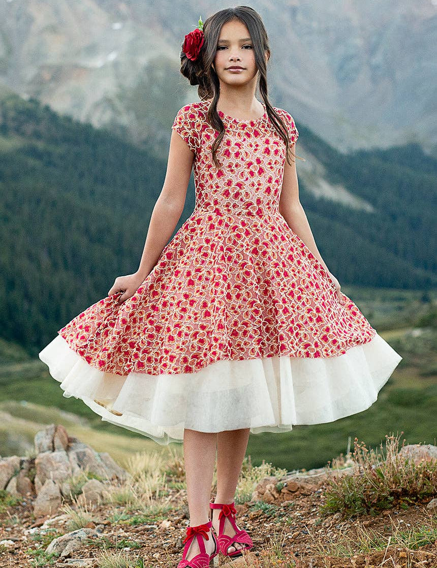 Kid's Annalise Petticoat Dress in Scarlet Metallic