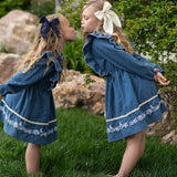 Kids Blue Check Embroidered Ruffle Long Sleeve Fall Dress