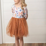 Kids Autumn Fall Floral Print Tulle Sparkle Dress