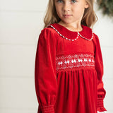 Kids Red Velvet Smocked Lace Peter Pan Winter Holiday Dress