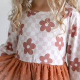 Kids Taupe Flower Check Print Swiss Dot Tulle Fall Dress