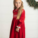 Kids Red Velvet Smocked Lace Peter Pan Winter Holiday Dress