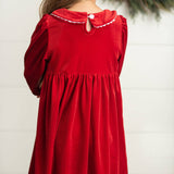 Kids Red Velvet Smocked Lace Peter Pan Winter Holiday Dress