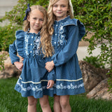 Kids Blue Check Embroidered Ruffle Long Sleeve Fall Dress