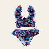 Navy Blue & Pink floral ruffles 2 pc swimsuit